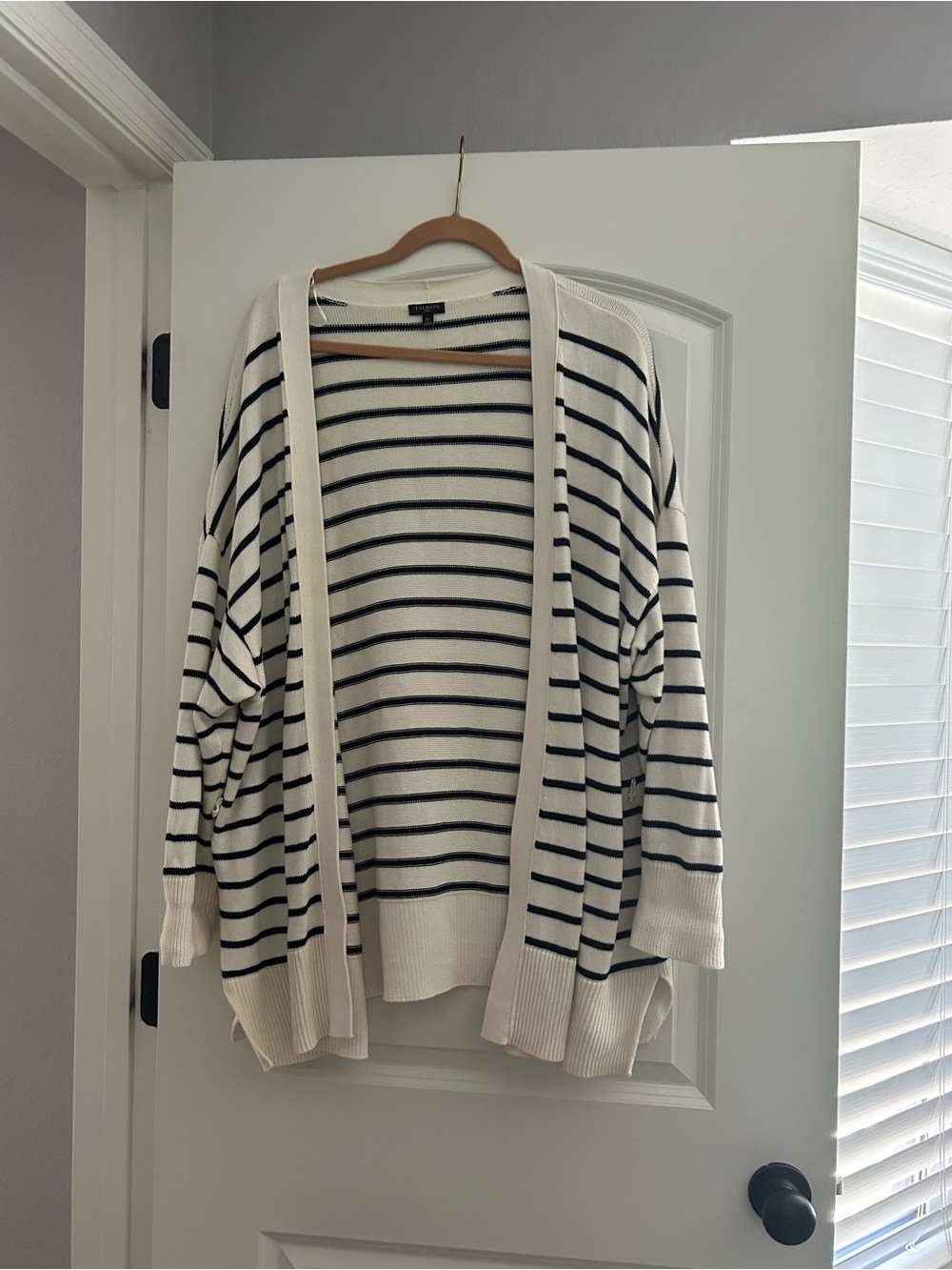 Talbots Cream Open-Front Cardigan with Black Stripes